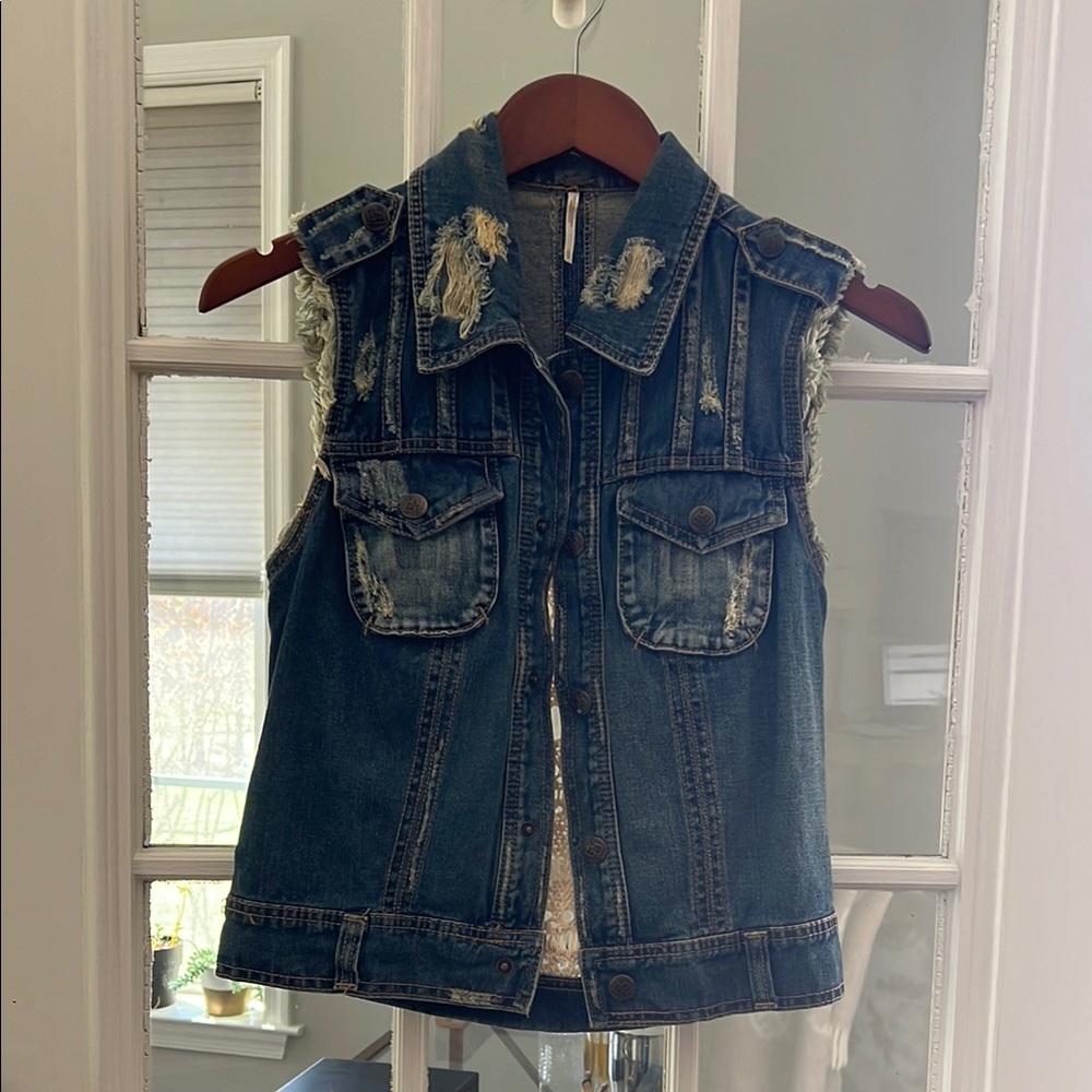 Free People Distressed Denim Crochet Vest